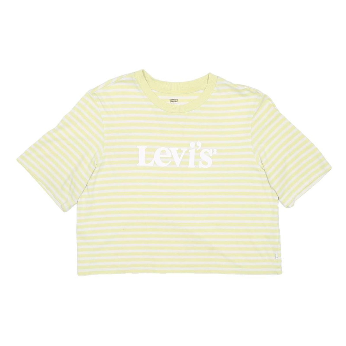 LEVI'S Womens Yellow & White Striped Graphic Cropped T-Shirt S Short Sleeve Crew