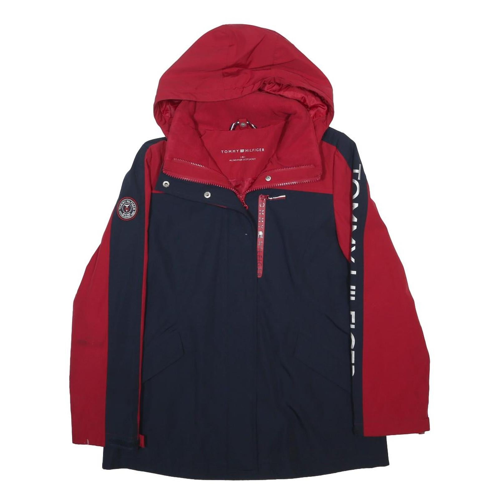 TOMMY HILFIGER Womens Red & Navy Logo Zip Jacket L Synthetic Colourblock Casual