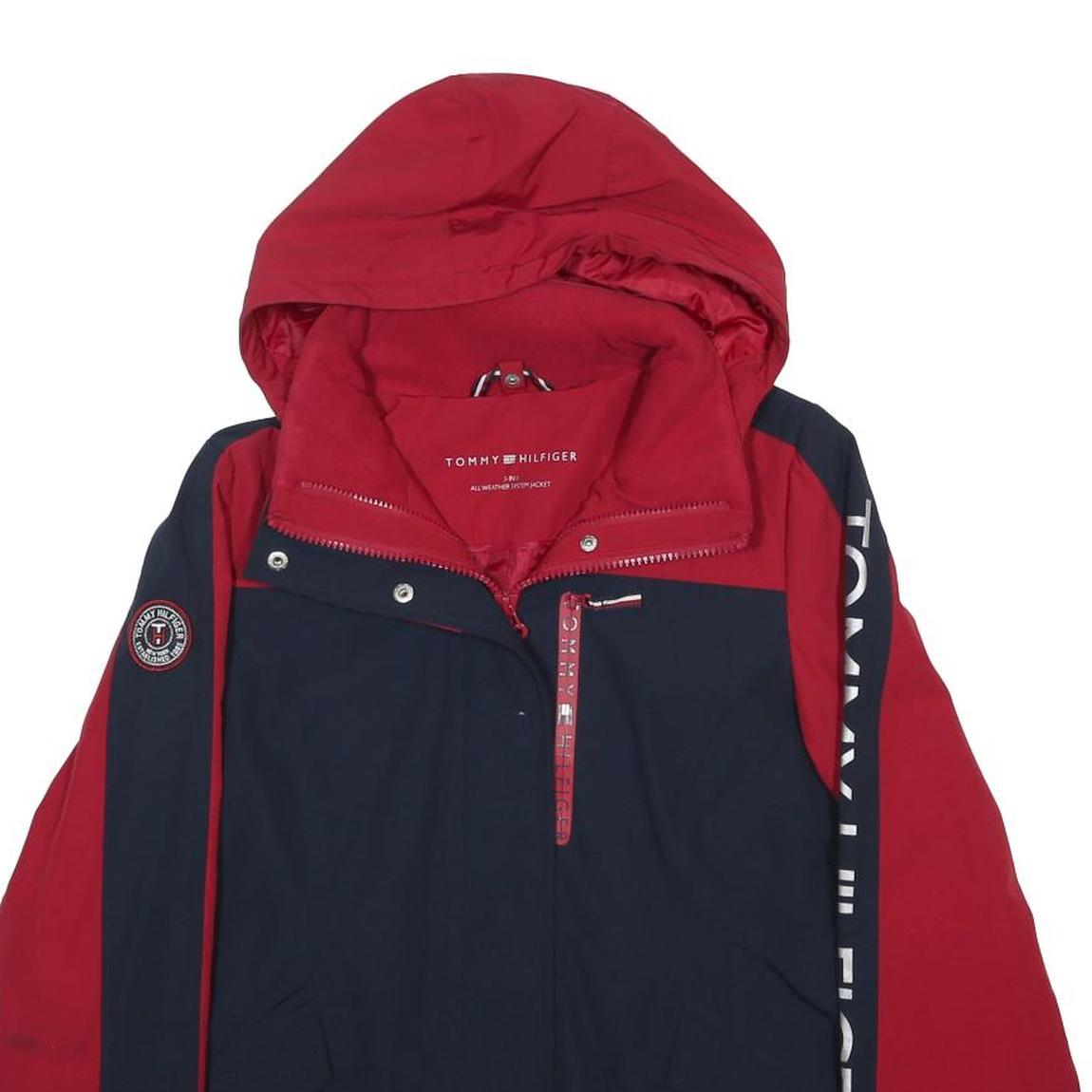 TOMMY HILFIGER Womens Red & Navy Logo Zip Jacket L Synthetic Colourblock Casual