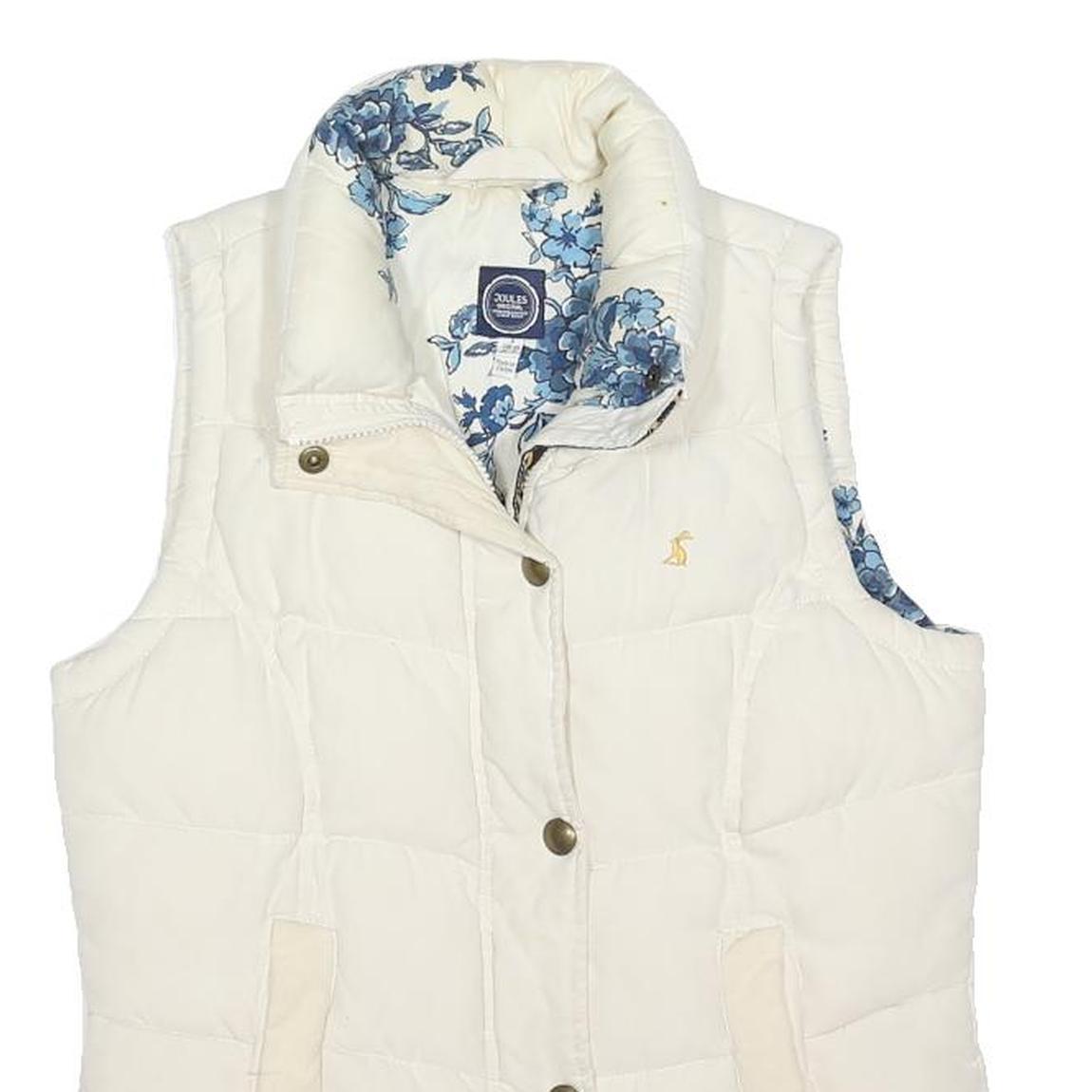 JOULES Womens White Floral Lined Puffer Gilet UK 8 Polyester Blend Zip Vest