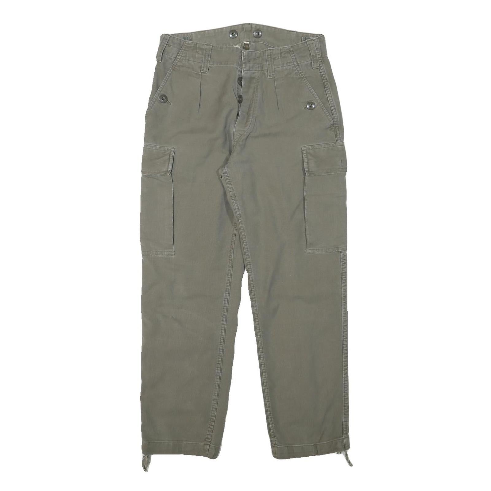 Mens Relaxed Fit Beige Cotton Blend Cargo Trousers W28 L26 Button Closure Casual