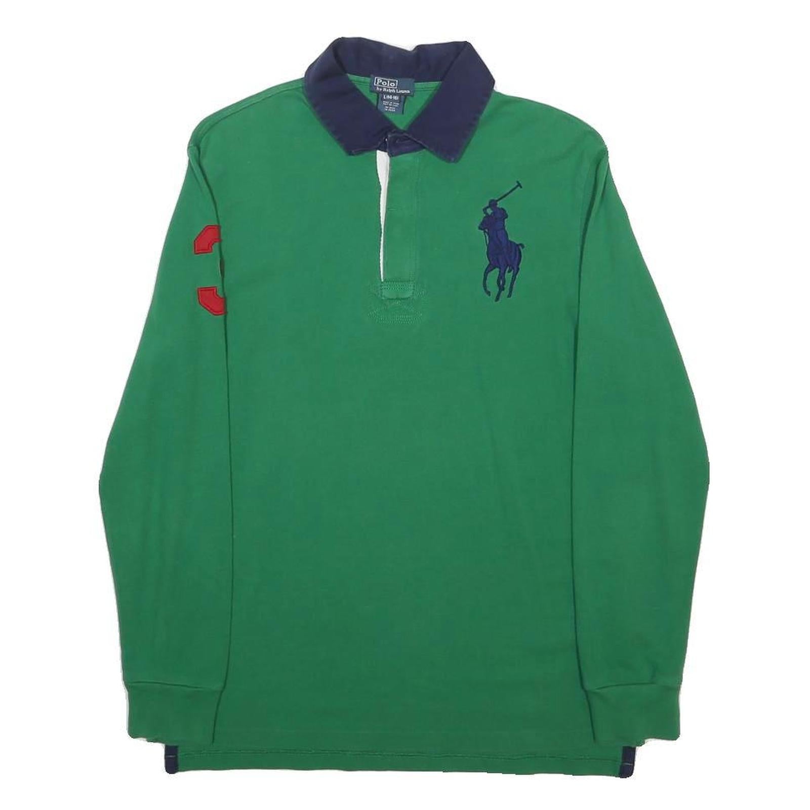 POLO RALPH LAUREN Boys Green & Navy Blue Long Sleeve Polo Shirt L L Cotton
