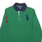 POLO RALPH LAUREN Boys Green & Navy Blue Long Sleeve Polo Shirt L L Cotton