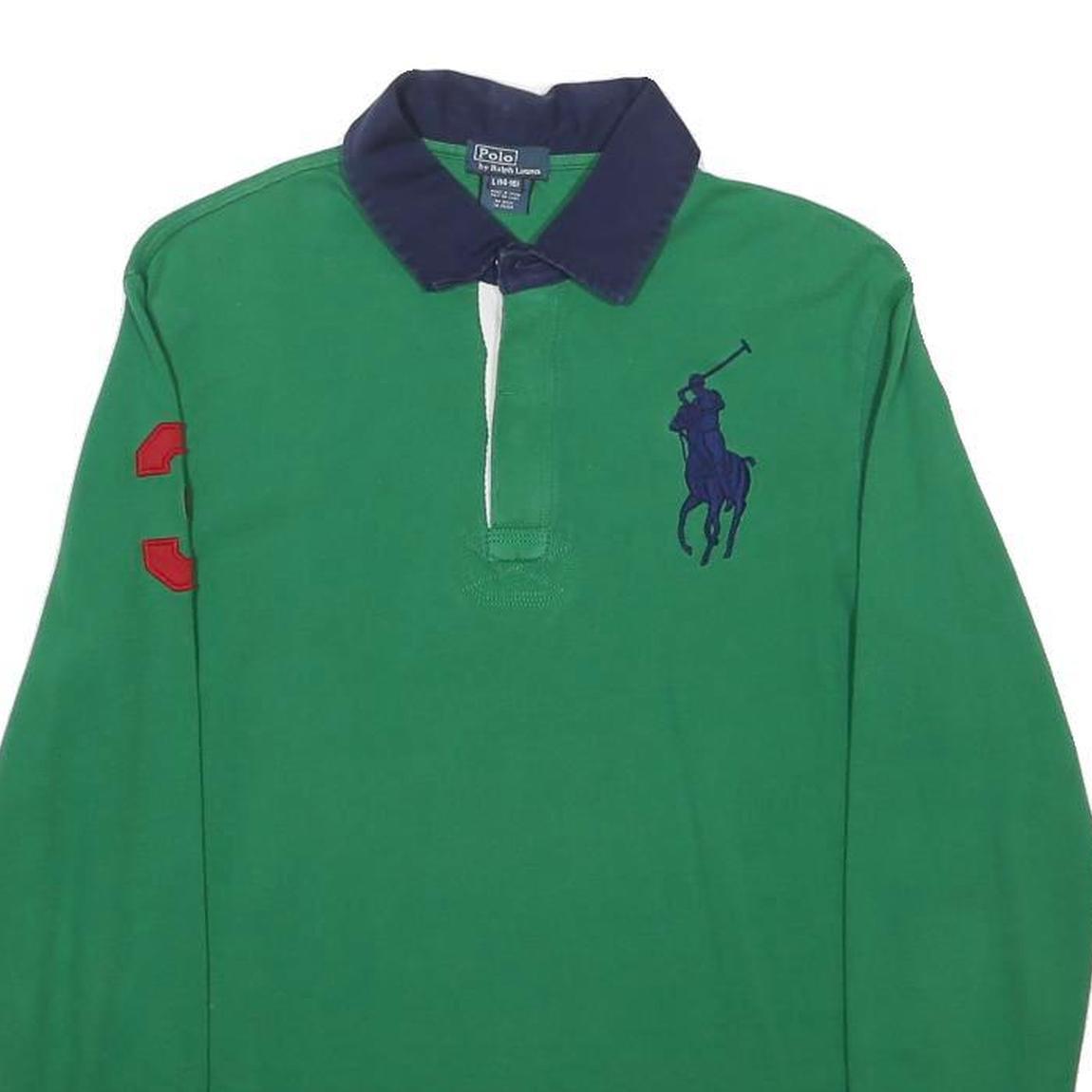 POLO RALPH LAUREN Boys Green & Navy Blue Long Sleeve Polo Shirt L L Cotton