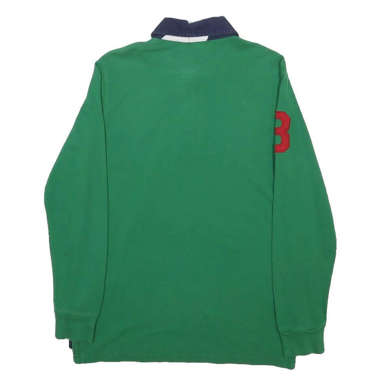 POLO RALPH LAUREN Boys Green & Navy Blue Long Sleeve Polo Shirt L L Cotton