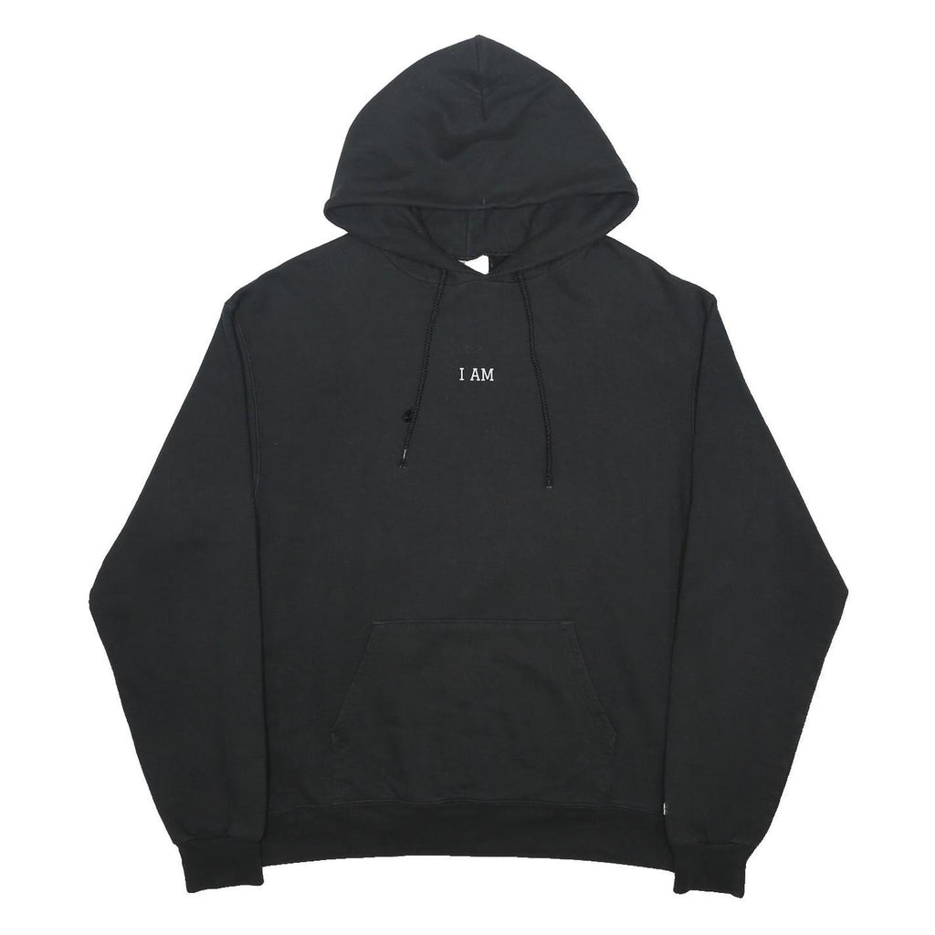 CHAMPION Mens Black I Am Pullover Hoodie L Cotton Blend Graphic Drawstring