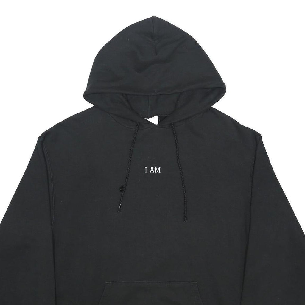 CHAMPION Mens Black I Am Pullover Hoodie L Cotton Blend Graphic Drawstring