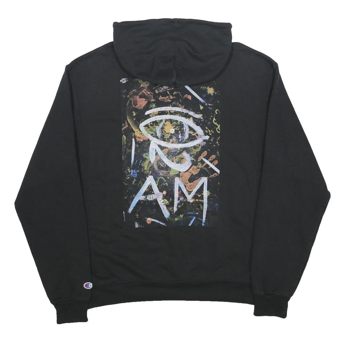 CHAMPION Mens Black I Am Pullover Hoodie L Cotton Blend Graphic Drawstring