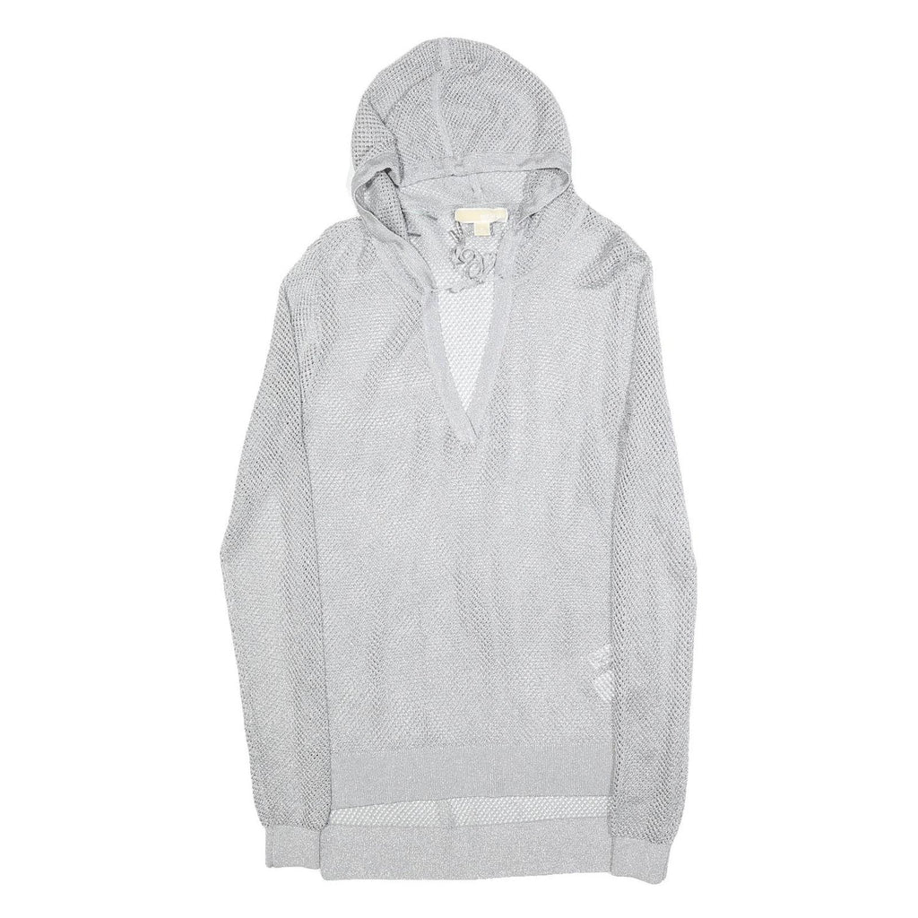 MICHAEL KORS Womens Grey Hoodie Long Sleeve V-Neck Mesh Top S Lightweight