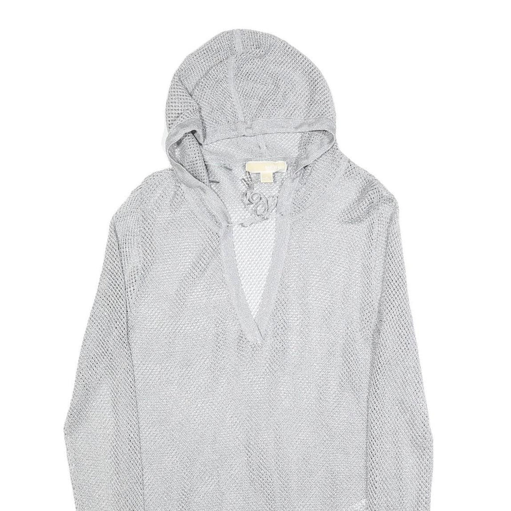 MICHAEL KORS Womens Grey Hoodie Long Sleeve V-Neck Mesh Top S Lightweight