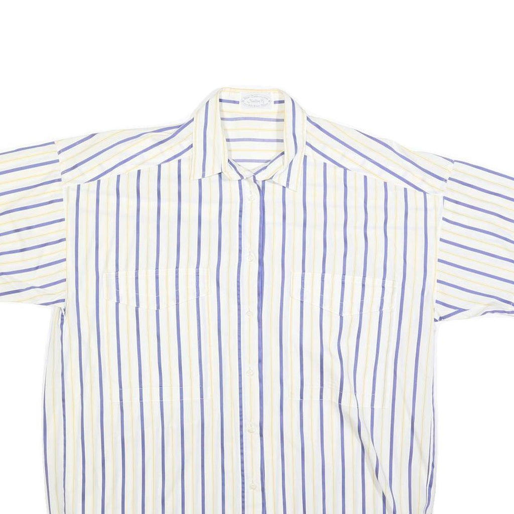 NADINE H Womens White & Blue Striped Cotton Blend Shirt L Casual Summer Button