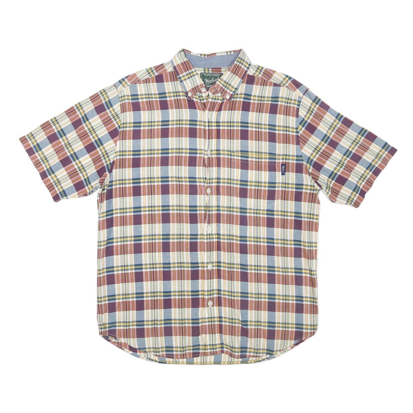 WOOLRICH Mens Blue & Maroon Check Shirt L Cotton Blend Casual Short Sleeve