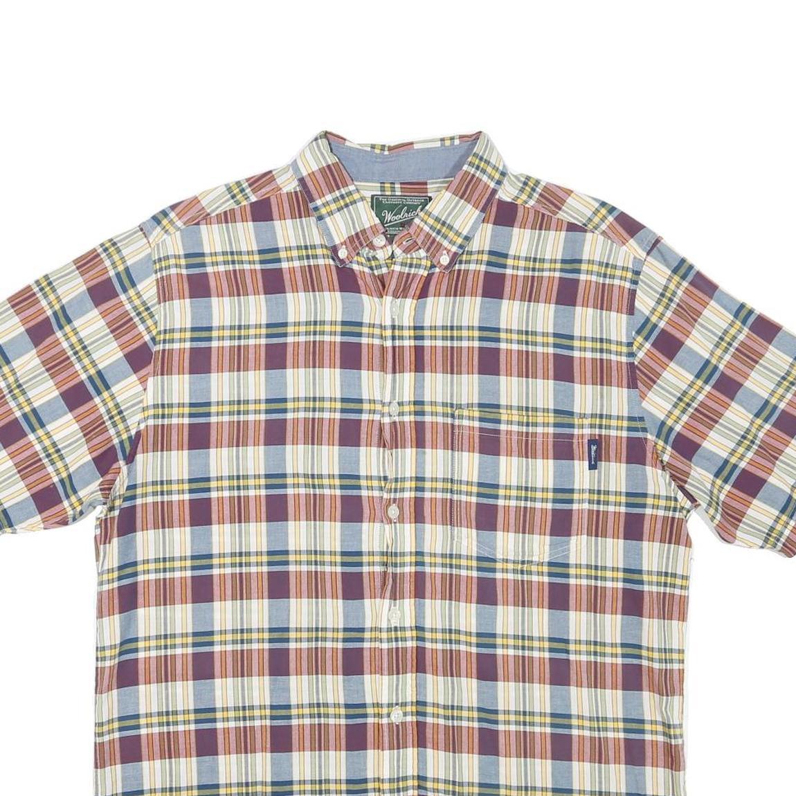 WOOLRICH Mens Blue & Maroon Check Shirt L Cotton Blend Casual Short Sleeve