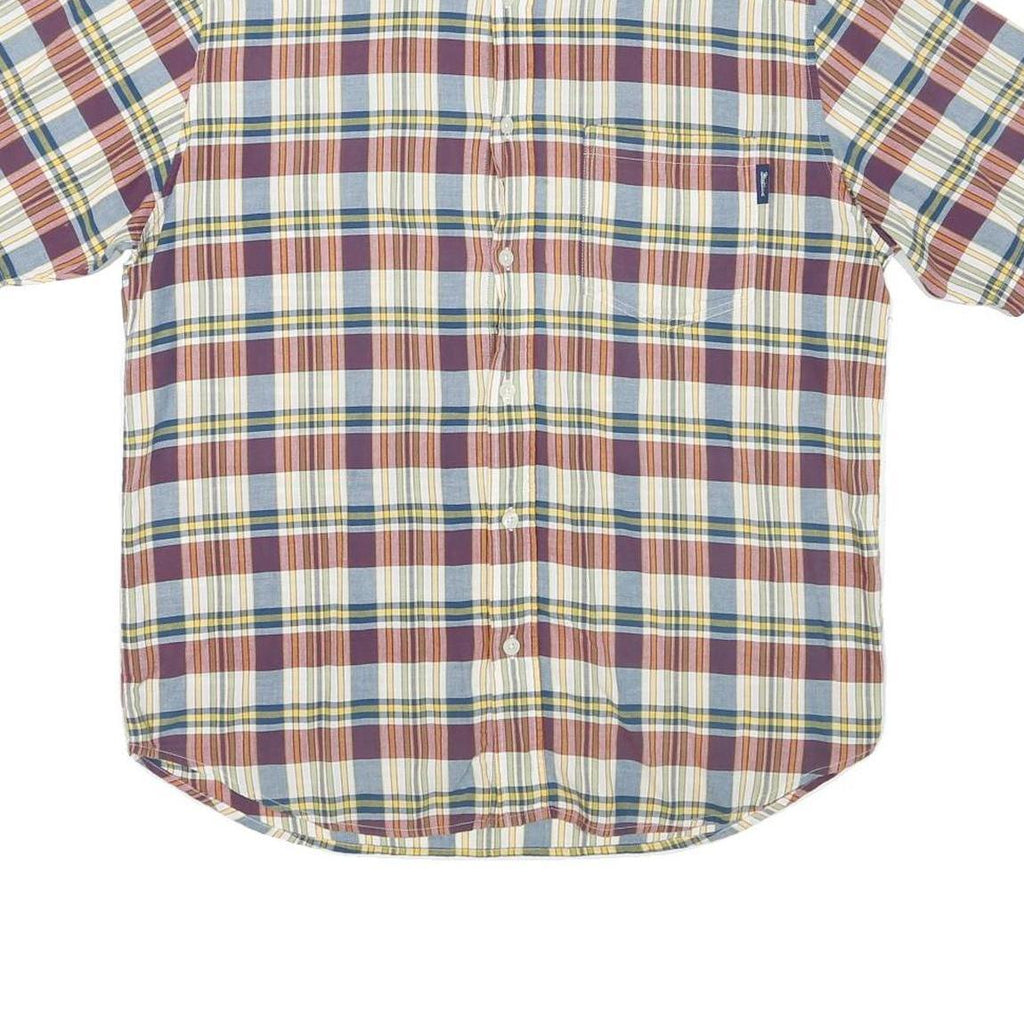 WOOLRICH Mens Blue & Maroon Check Shirt L Cotton Blend Casual Short Sleeve
