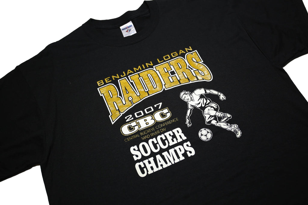 JERZEES Mens Black 2007 Soccer Champs Graphic T-Shirt L Short Sleeve Crew Neck