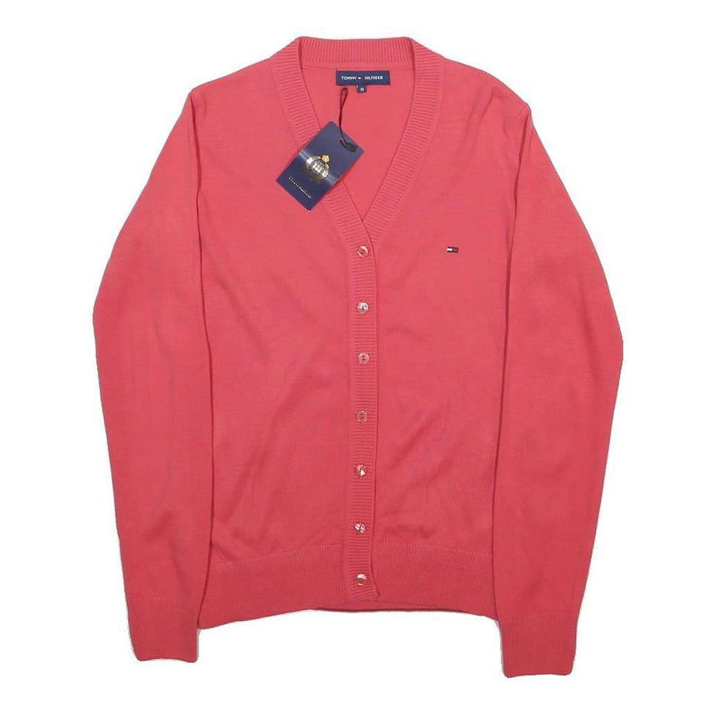 TOMMY HILFIGER Womens Red Plain Cardigan Button Up Crew Neck Basic Knit M