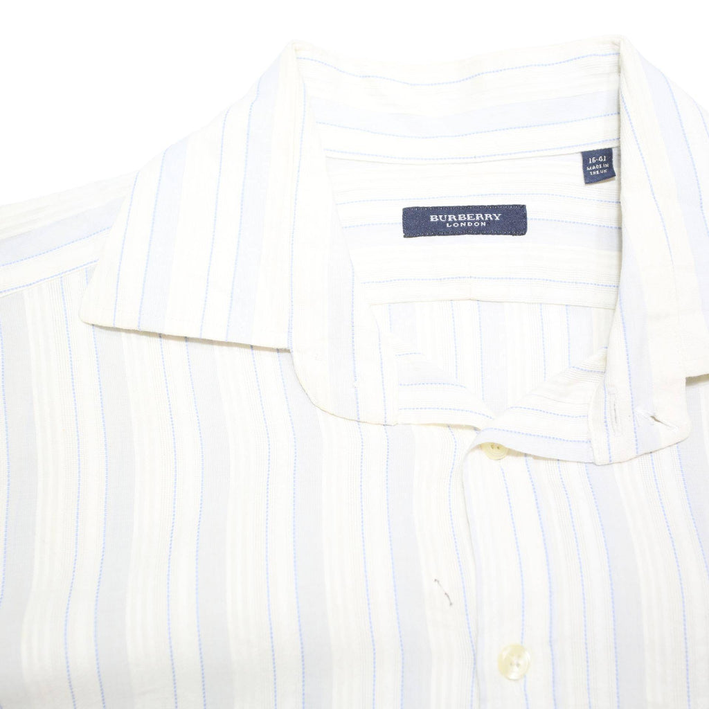 BURBERRY Mens White & Grey Striped Cotton Blend Shirt M Classic Fit Long Sleeve
