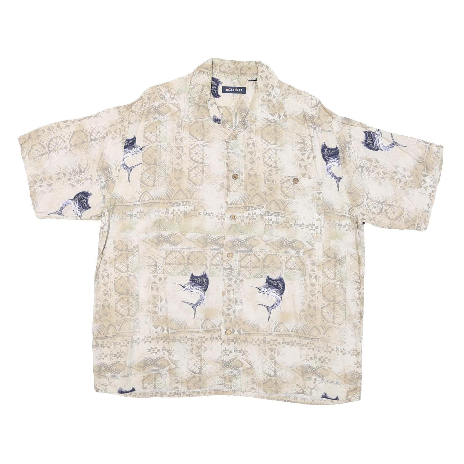 PURITAN Mens Beige Rayon L Fishing Print Shirt Short Sleeve Casual Summer