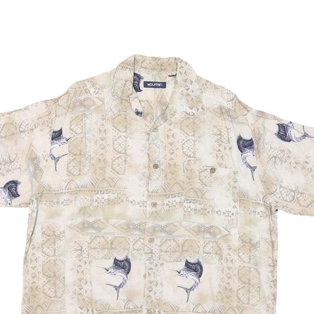 PURITAN Mens Beige Rayon L Fishing Print Shirt Short Sleeve Casual Summer