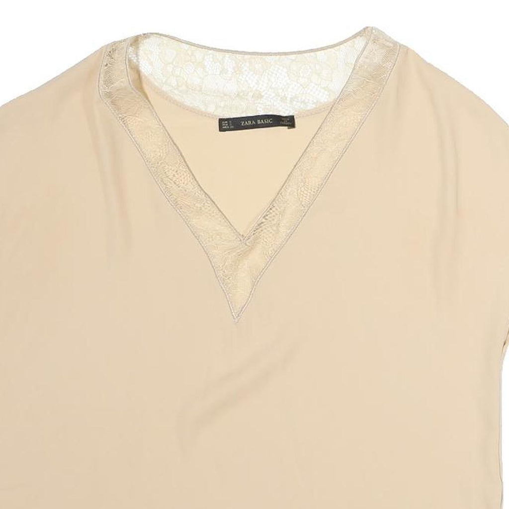 ZARA Womens Beige Lace Trim Top Short Sleeve V-Neck S Lightweight