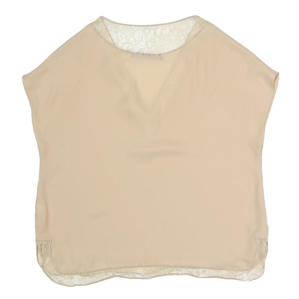 ZARA Womens Beige Lace Trim Top Short Sleeve V-Neck S Lightweight