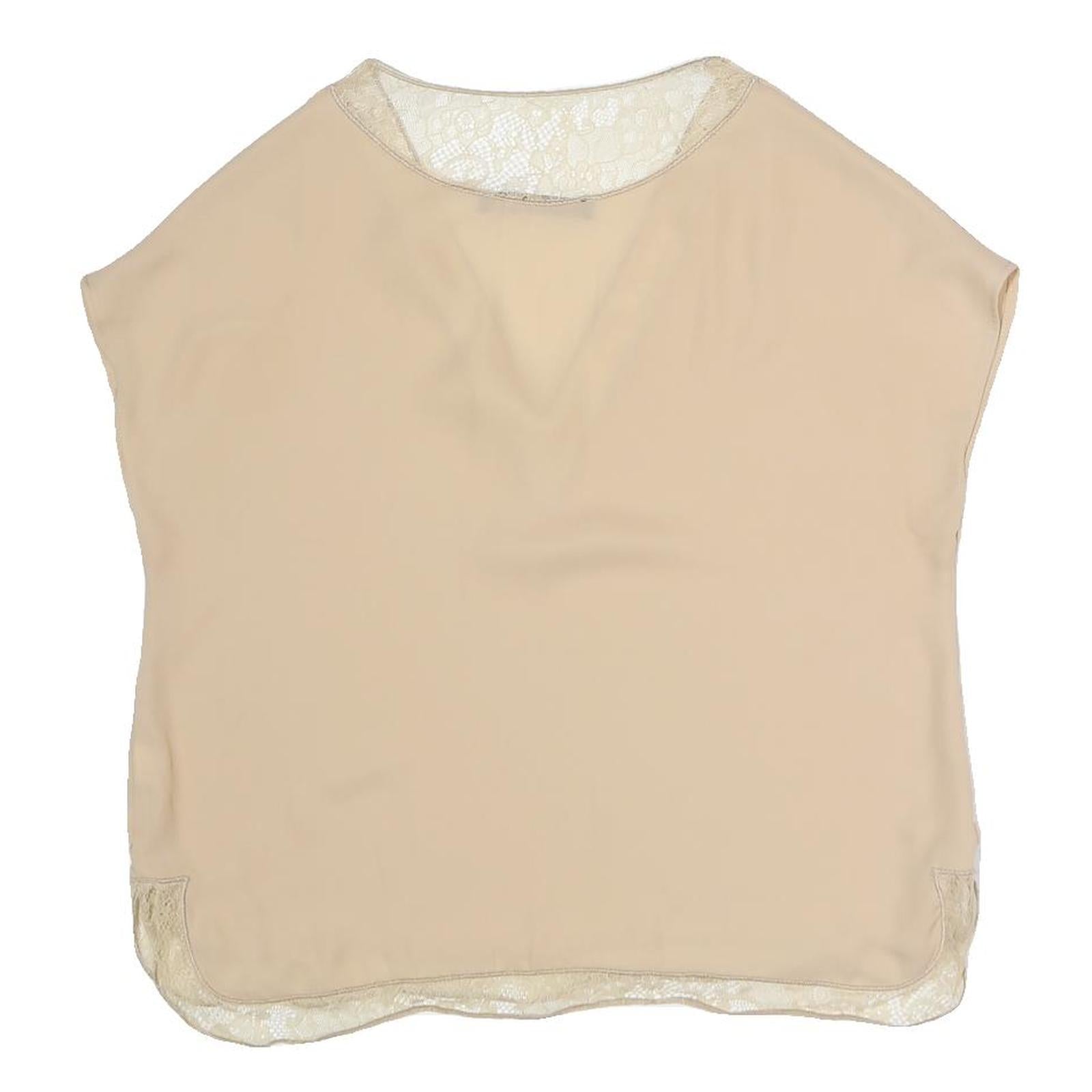 ZARA Womens Beige Lace Trim Top Short Sleeve V-Neck S Lightweight