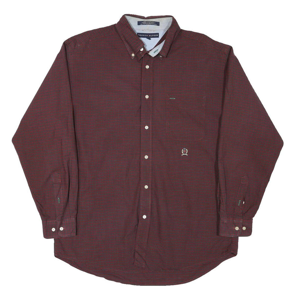 TOMMY HILFIGER Mens Maroon Check Shirt L Button Down Casual Cotton Blend