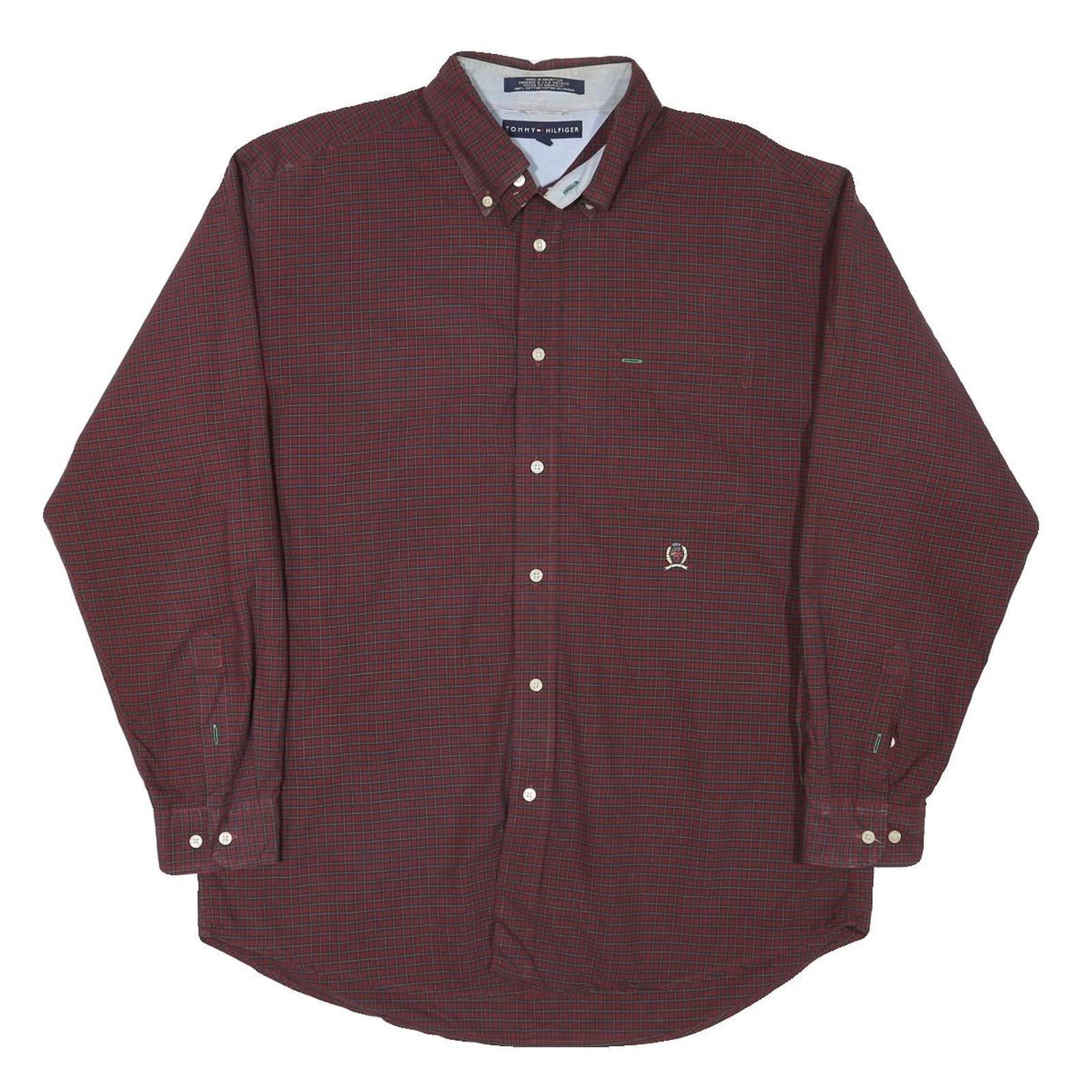 TOMMY HILFIGER Mens Maroon Check Shirt L Button Down Casual Cotton Blend