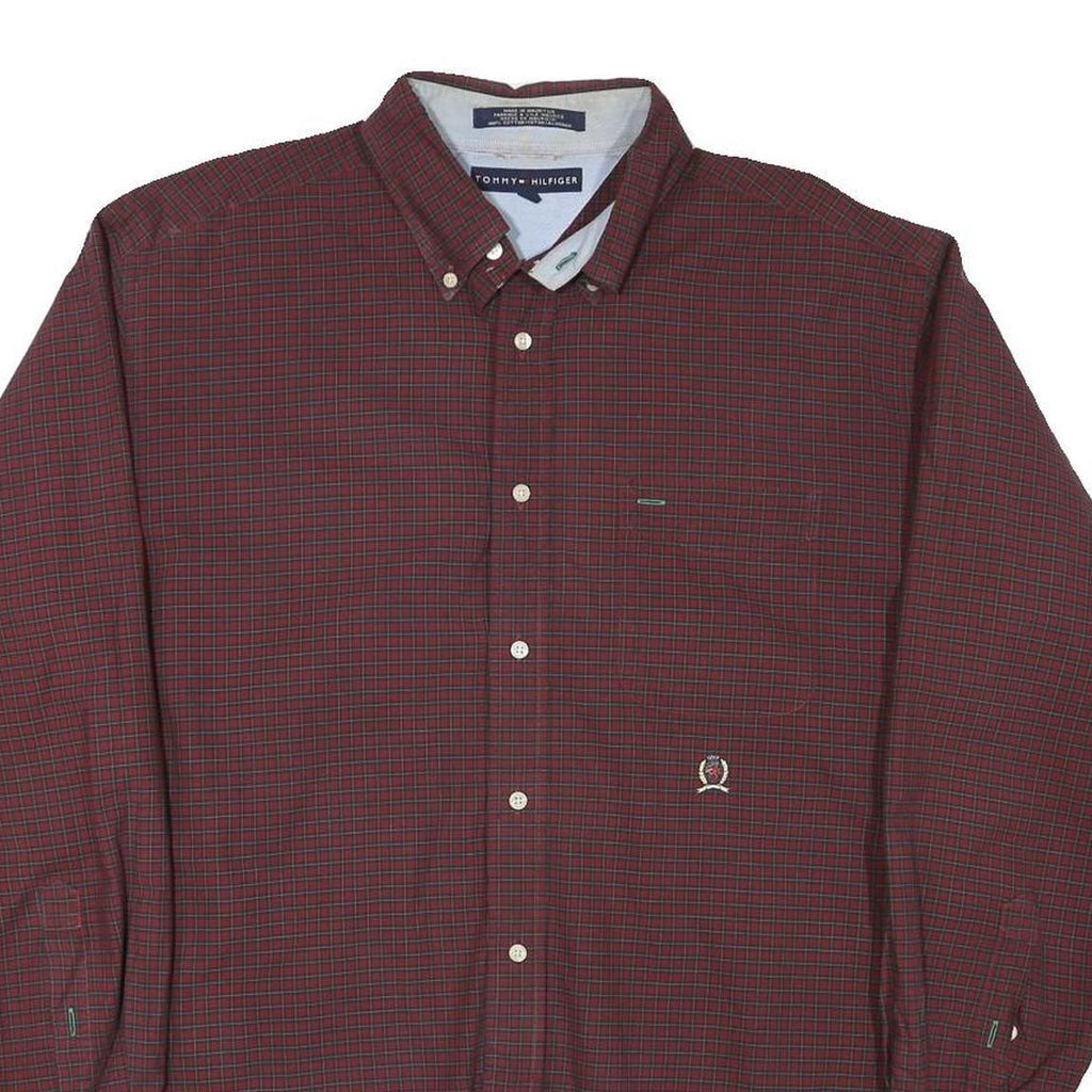 TOMMY HILFIGER Mens Maroon Check Shirt L Button Down Casual Cotton Blend