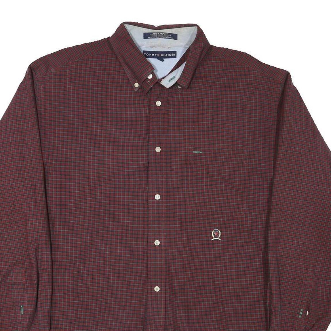 TOMMY HILFIGER Mens Maroon Check Shirt L Button Down Casual Cotton Blend