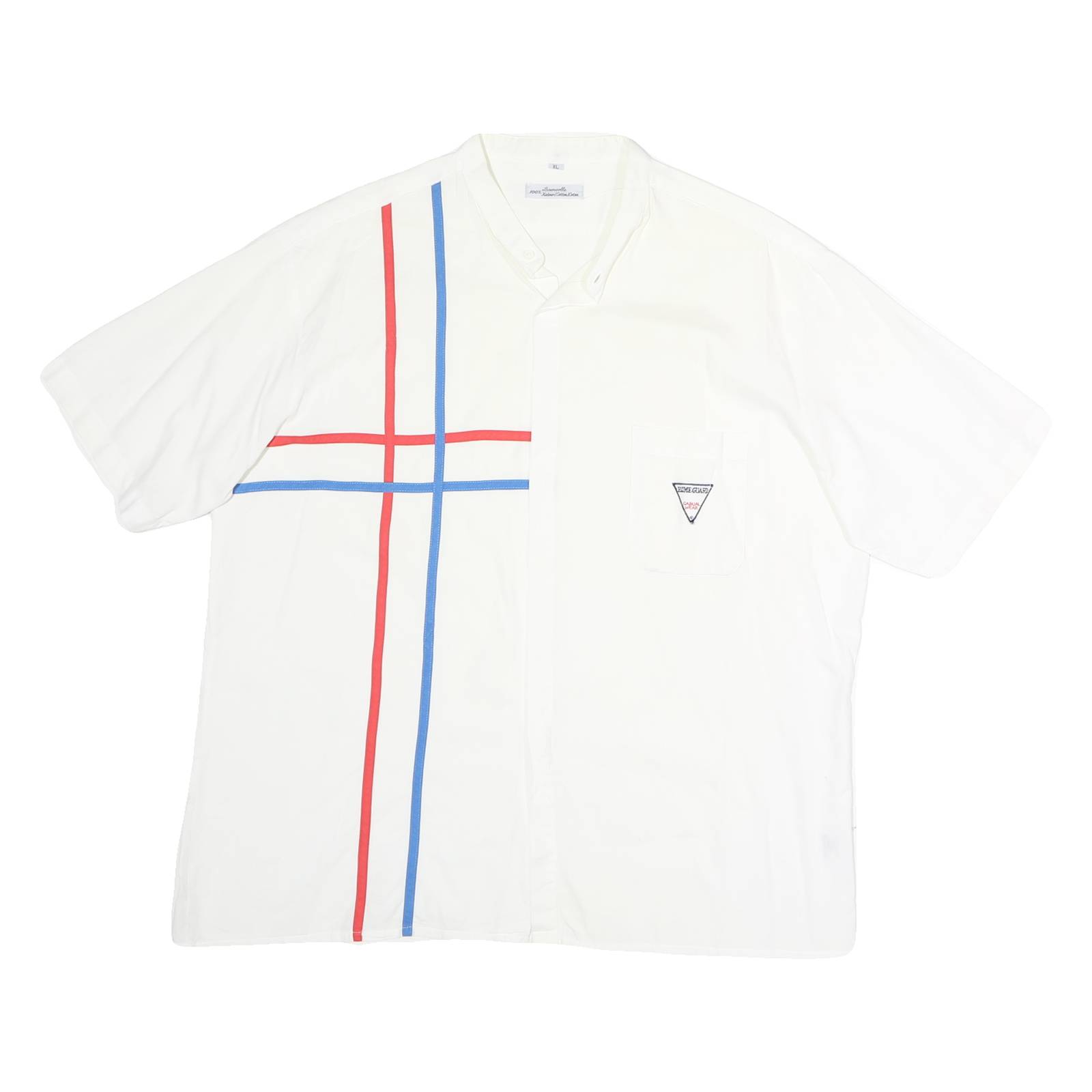 Mens White Cotton Shirt XL Red & Blue Stripe Chest Pocket Button Collar Casual