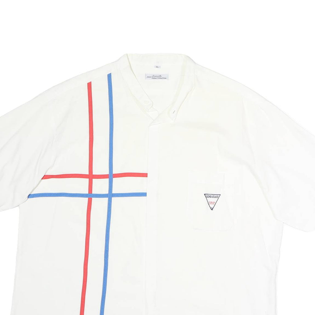 Mens White Cotton Shirt XL Red & Blue Stripe Chest Pocket Button Collar Casual