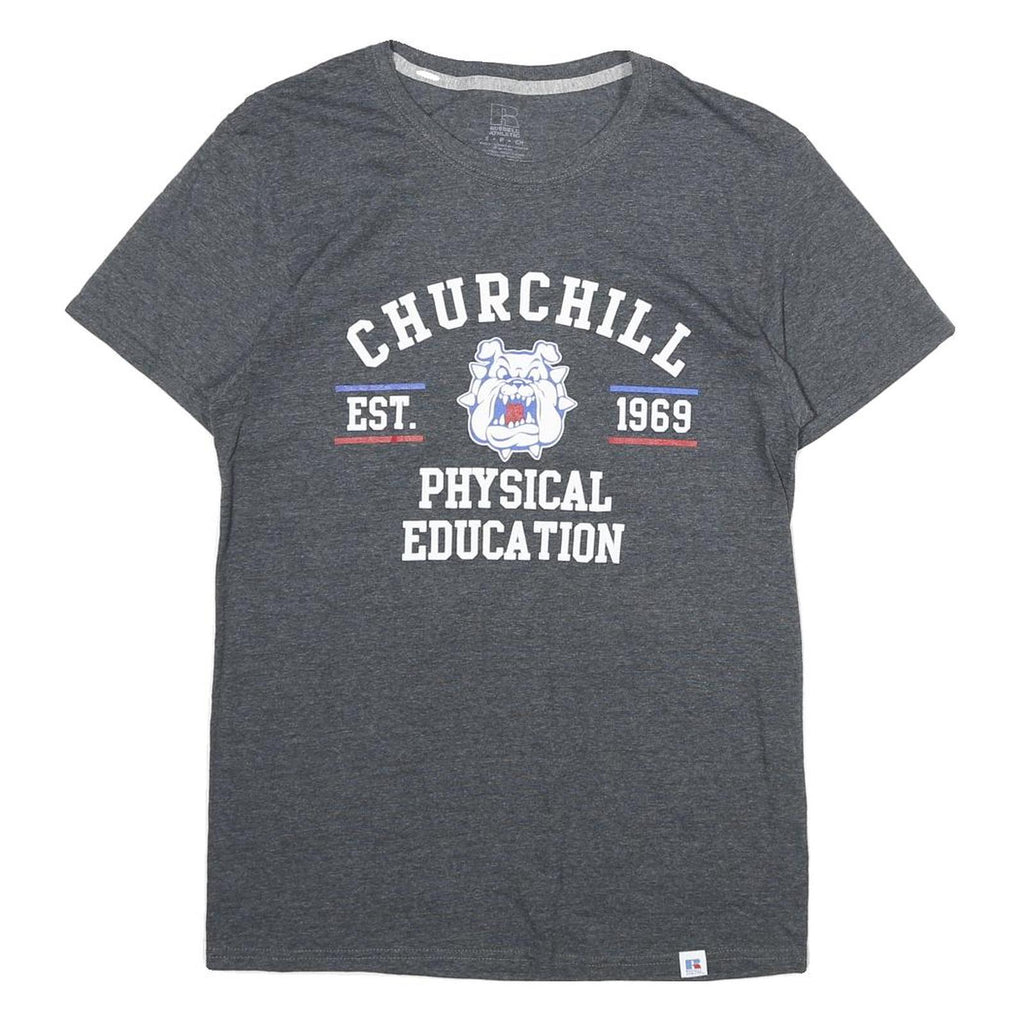 RUSSELL ATHLETIC Mens Grey Churchill Physical Education Graphic T-Shirt S Crew