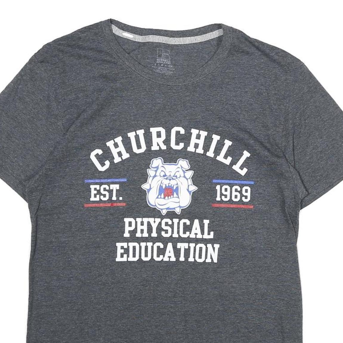 RUSSELL ATHLETIC Mens Grey Churchill Physical Education Graphic T-Shirt S Crew