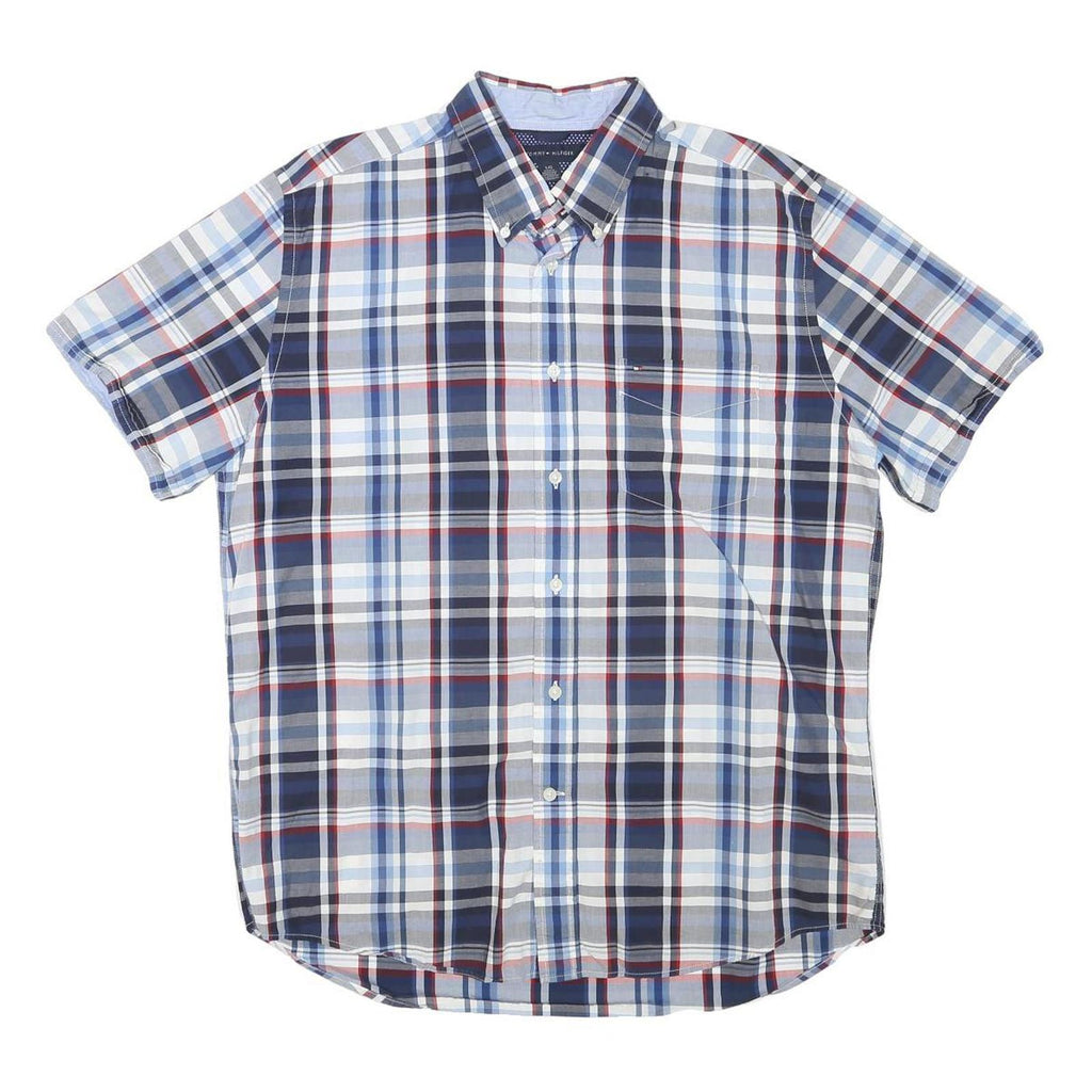 TOMMY HILFIGER Mens Blue & White Check Shirt L Button-Down Cotton Casual Summer