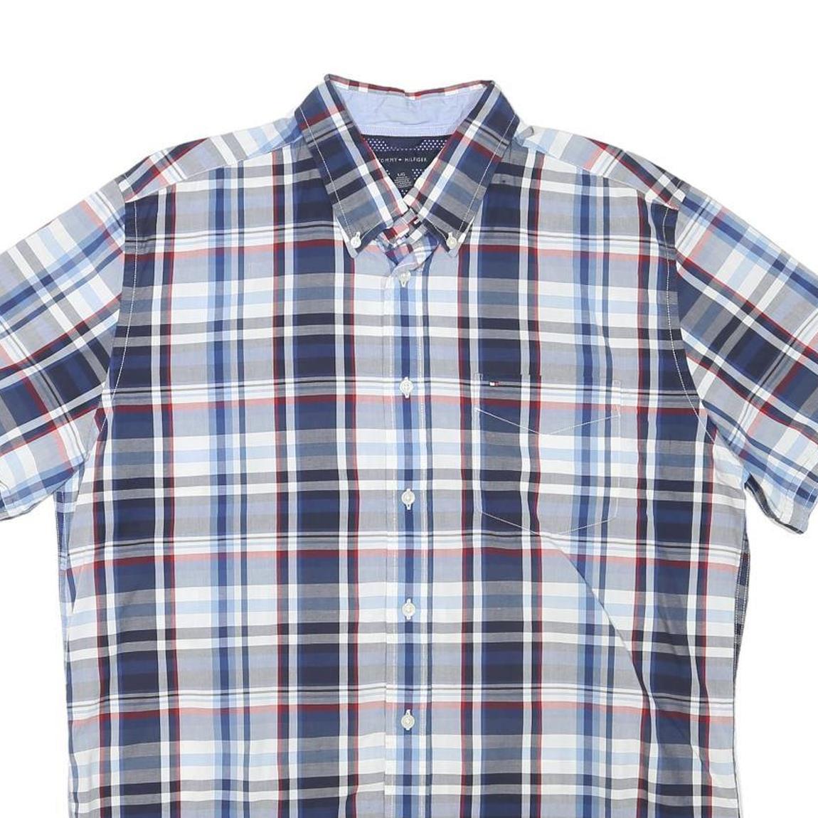 TOMMY HILFIGER Mens Blue & White Check Shirt L Button-Down Cotton Casual Summer