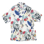 Womens White Floral Print Shirt Short Sleeve Collared L Relaxed Fit Casual