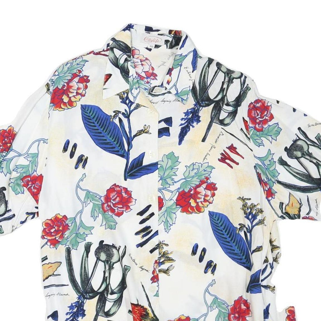 Womens White Floral Print Shirt Short Sleeve Collared L Relaxed Fit Casual
