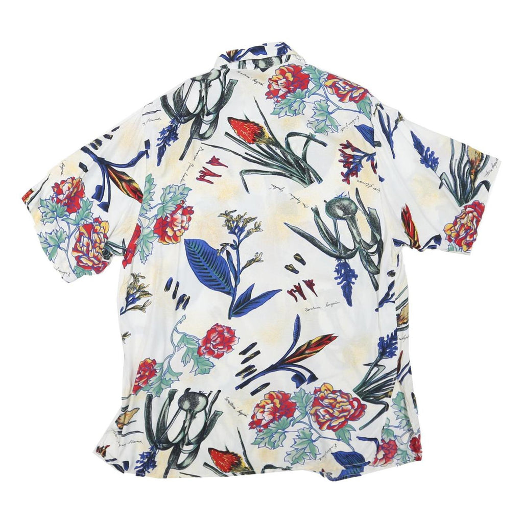Womens White Floral Print Shirt Short Sleeve Collared L Relaxed Fit Casual