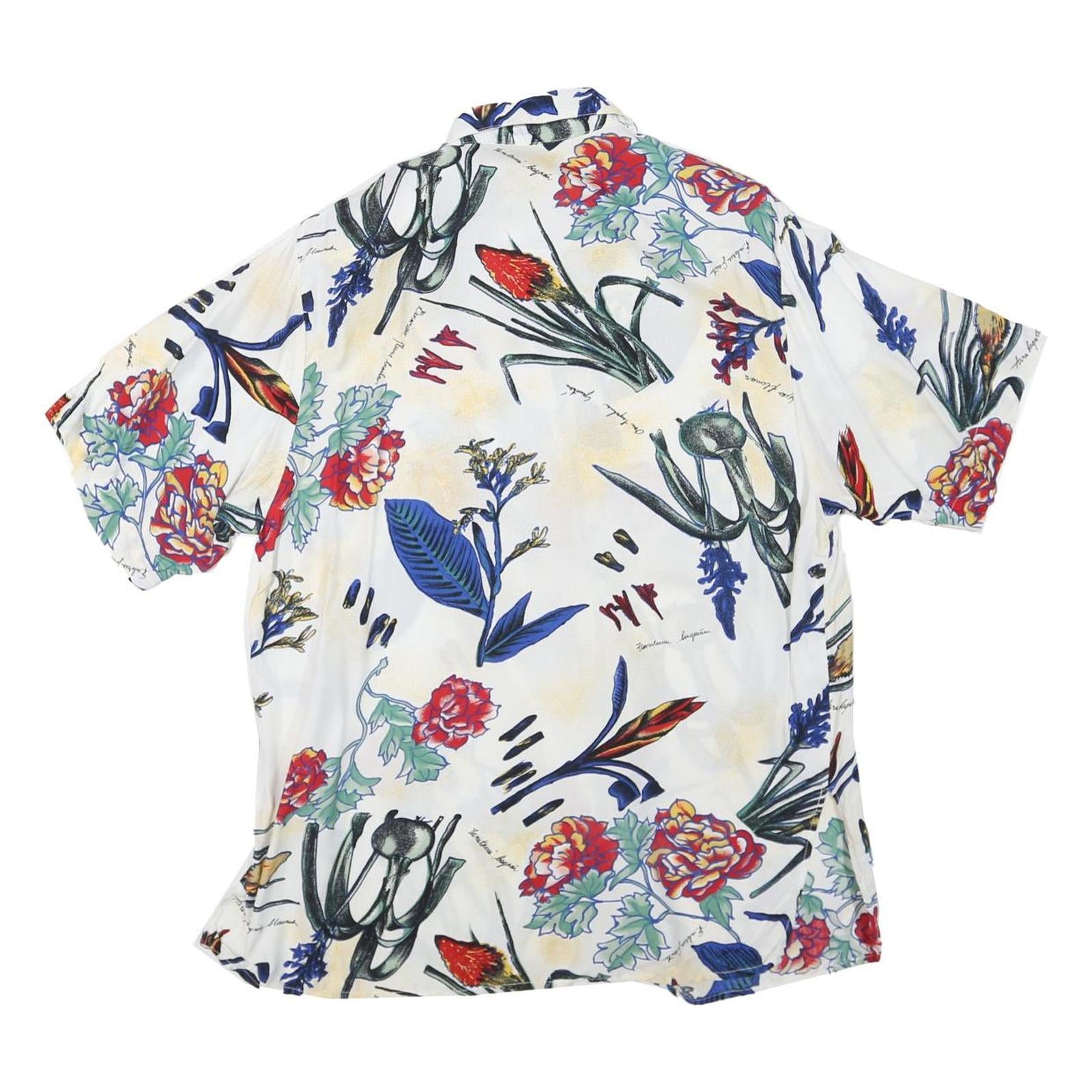 Womens White Floral Print Shirt Short Sleeve Collared L Relaxed Fit Casual