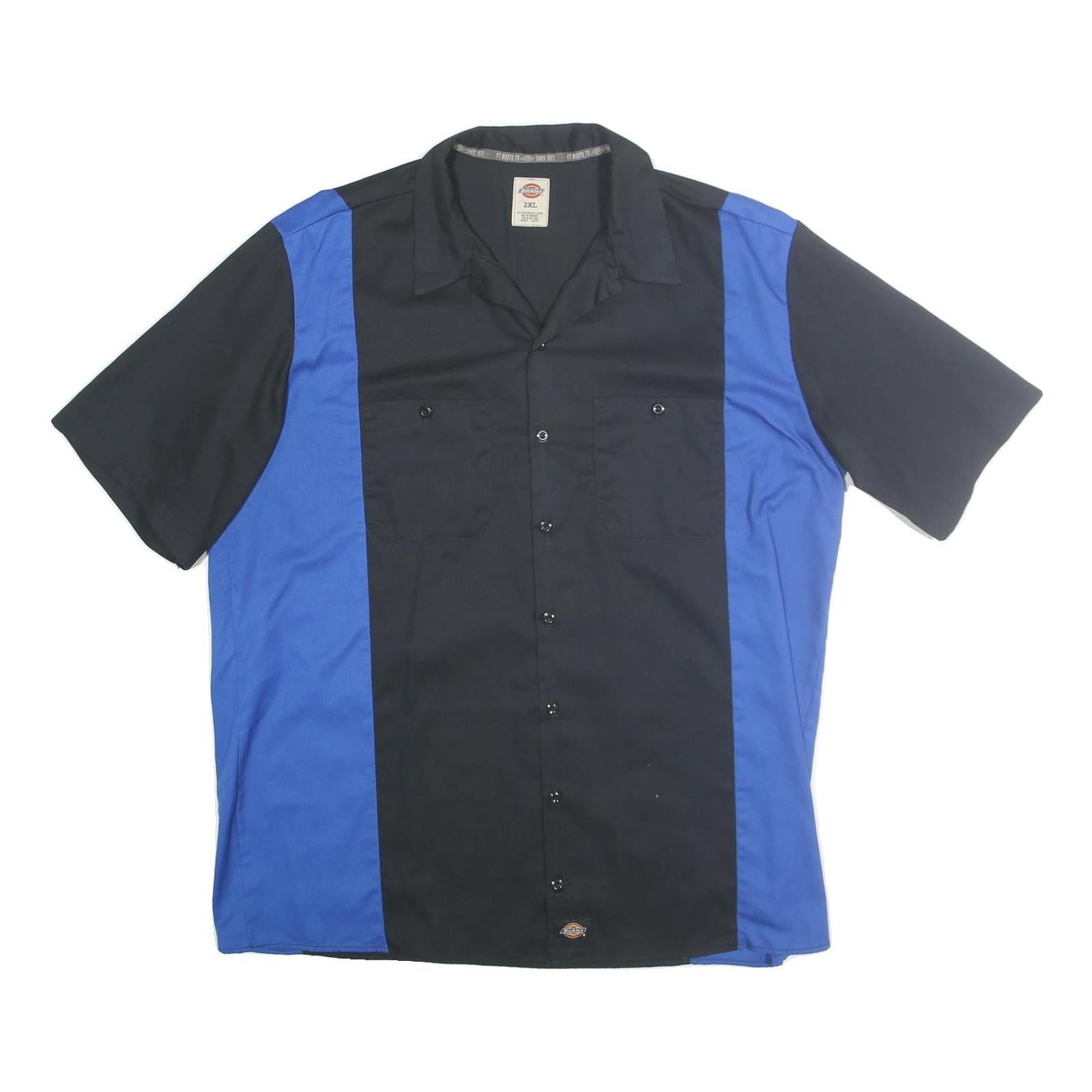 DICKIES Mens Black & Blue Cotton Shirt 2XL Workwear Button Short Sleeve