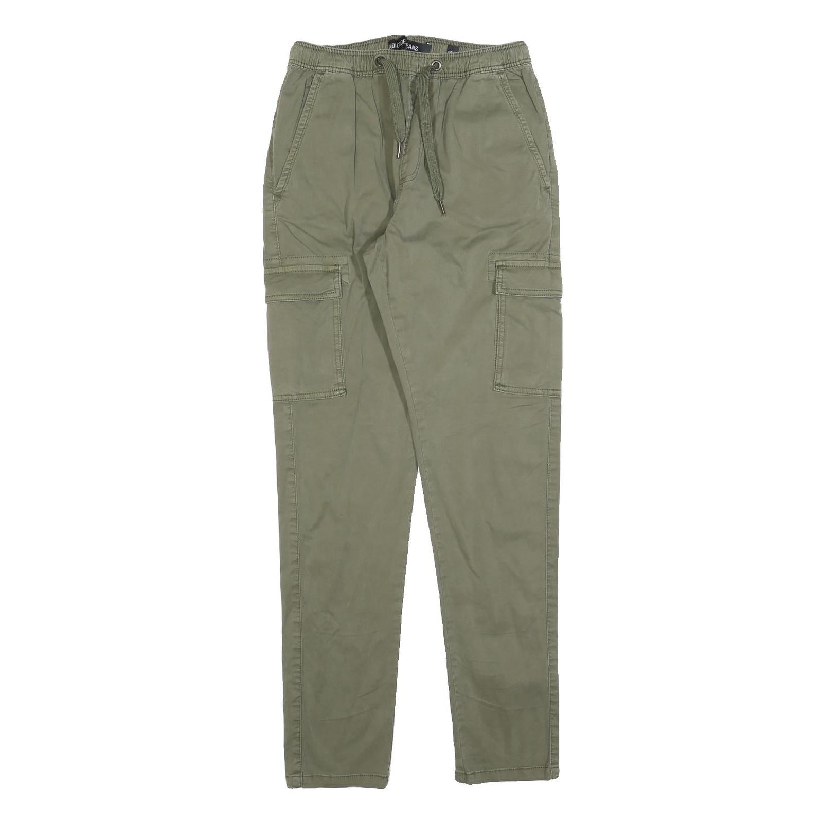 INDICODE JEANS Womens Cotton Blend Green Slim Cargo Trousers W26 L30 Drawstring