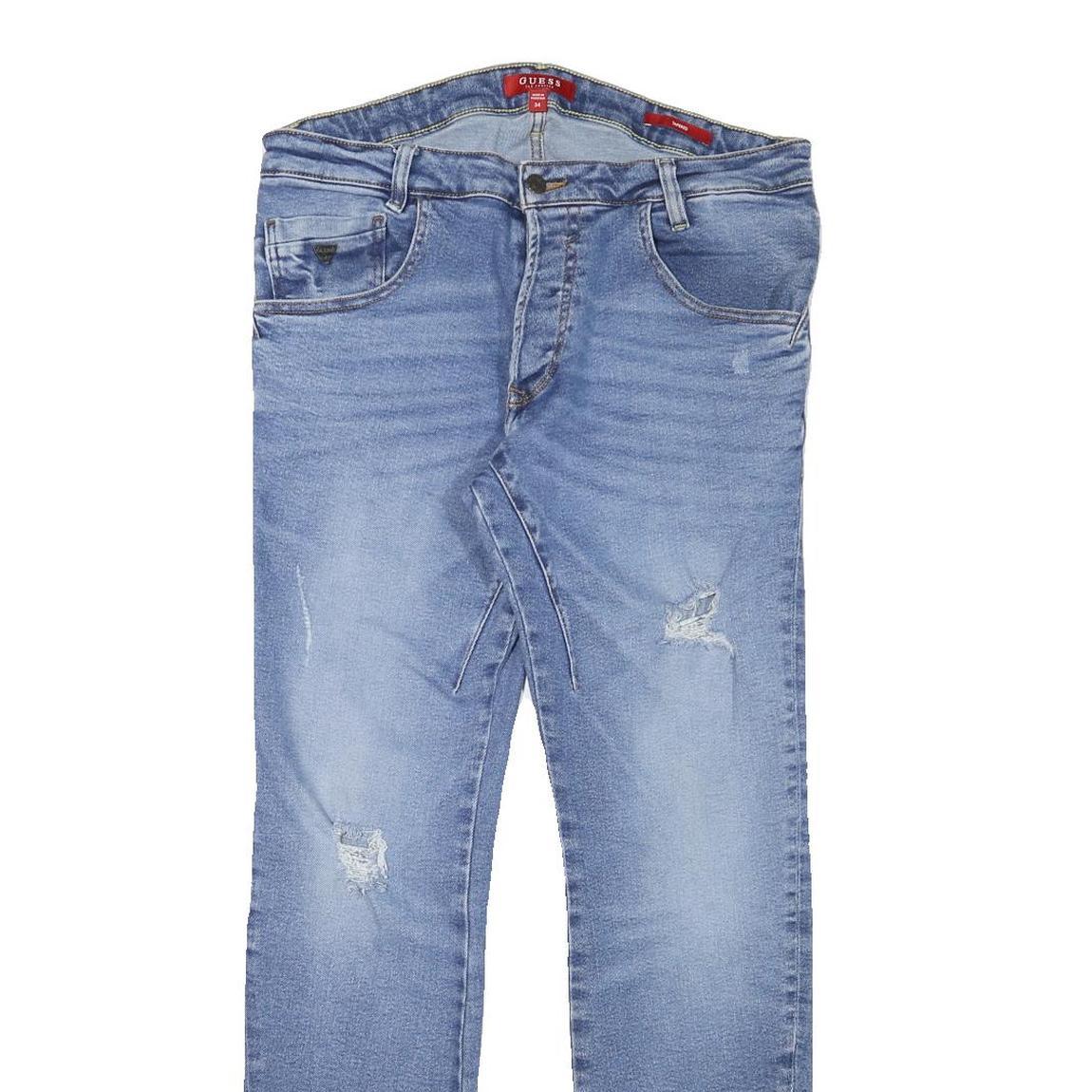 GUESS Mens Slim Blue Denim Jeans W33 L31 Distressed Cotton Blend Button Closure