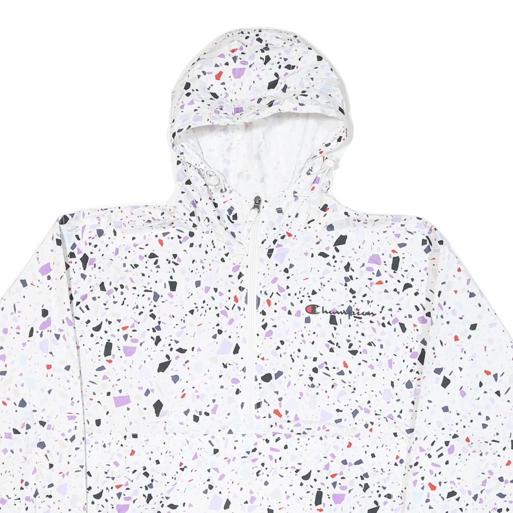 CHAMPION Womens White & Black Graphic Print Hooded Nylon Jacket M Zip Patterned