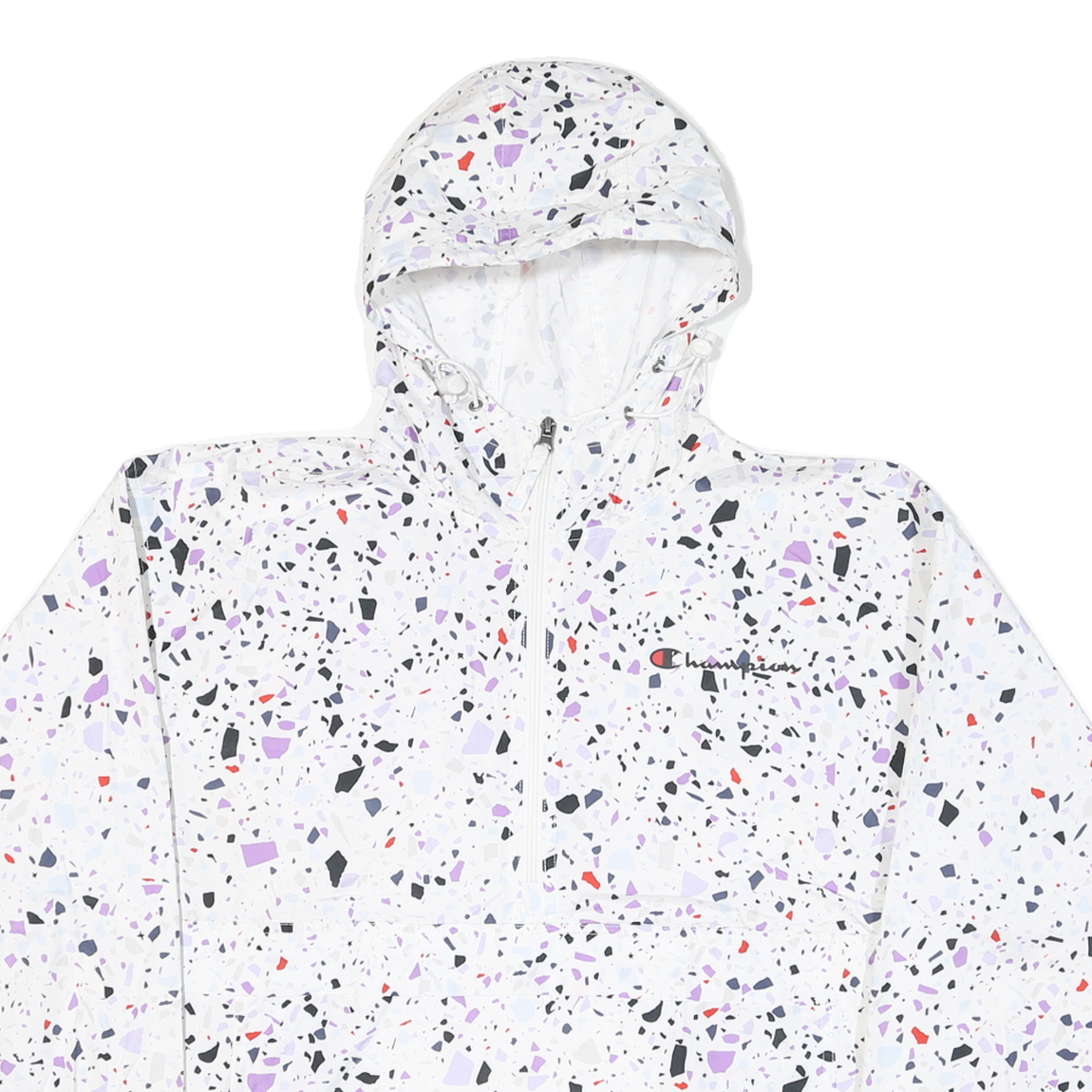 CHAMPION Womens White & Black Graphic Print Hooded Nylon Jacket M Zip Patterned