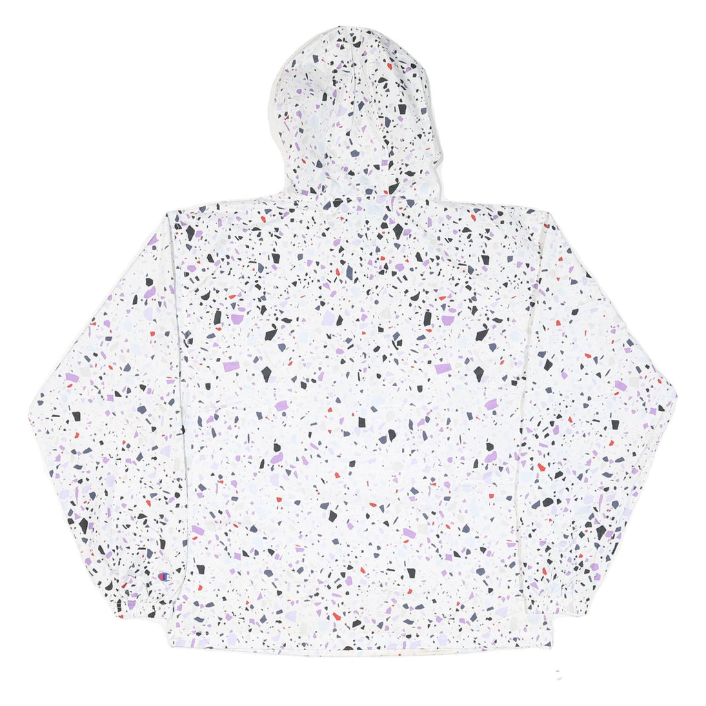 CHAMPION Womens White & Black Graphic Print Hooded Nylon Jacket M Zip Patterned