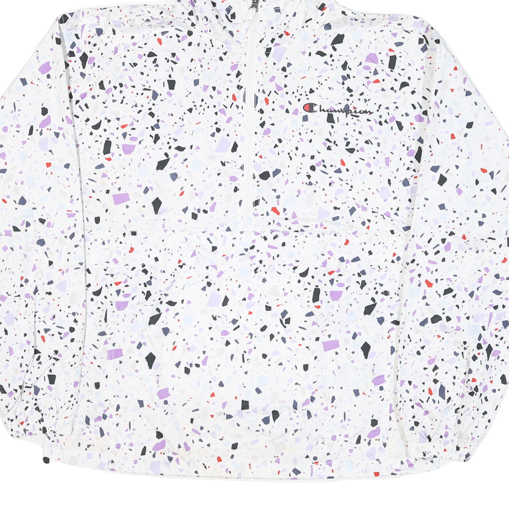 CHAMPION Womens White & Black Graphic Print Hooded Nylon Jacket M Zip Patterned