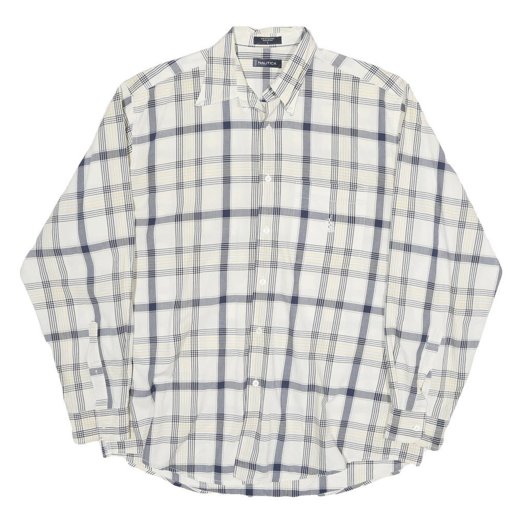 NAUTICA Mens White & Grey Check Shirt L Classic Cotton Blend Long Sleeve Button