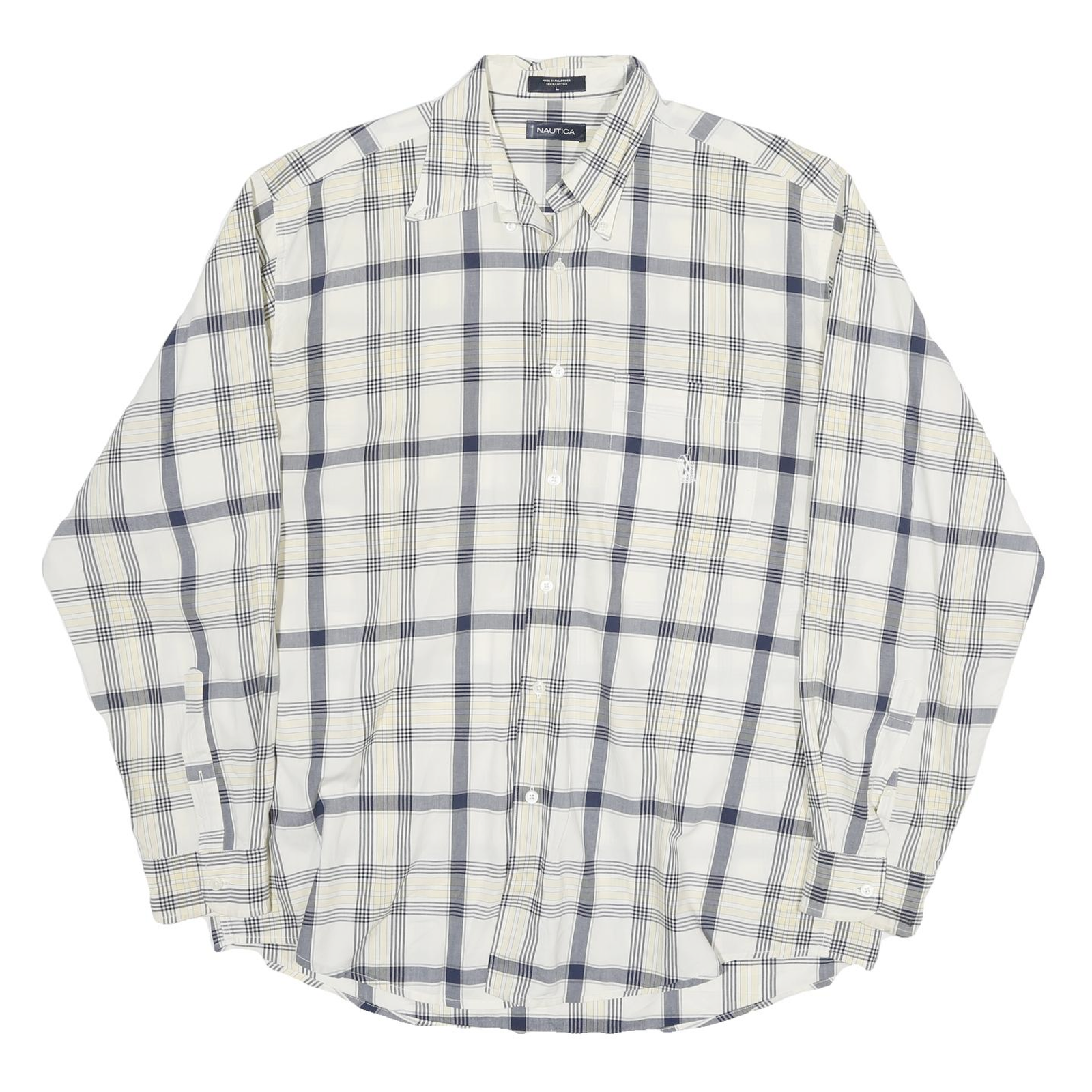 NAUTICA Mens White & Grey Check Shirt L Classic Cotton Blend Long Sleeve Button