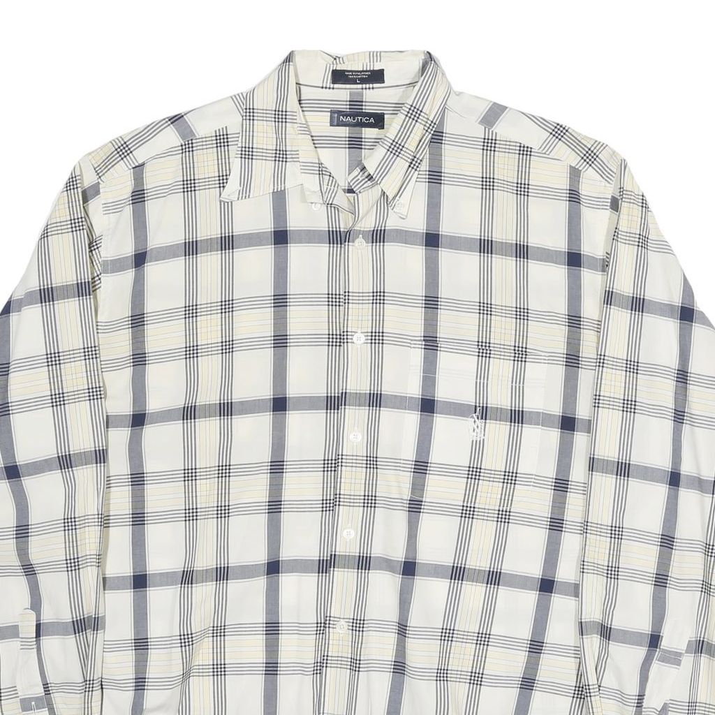 NAUTICA Mens White & Grey Check Shirt L Classic Cotton Blend Long Sleeve Button
